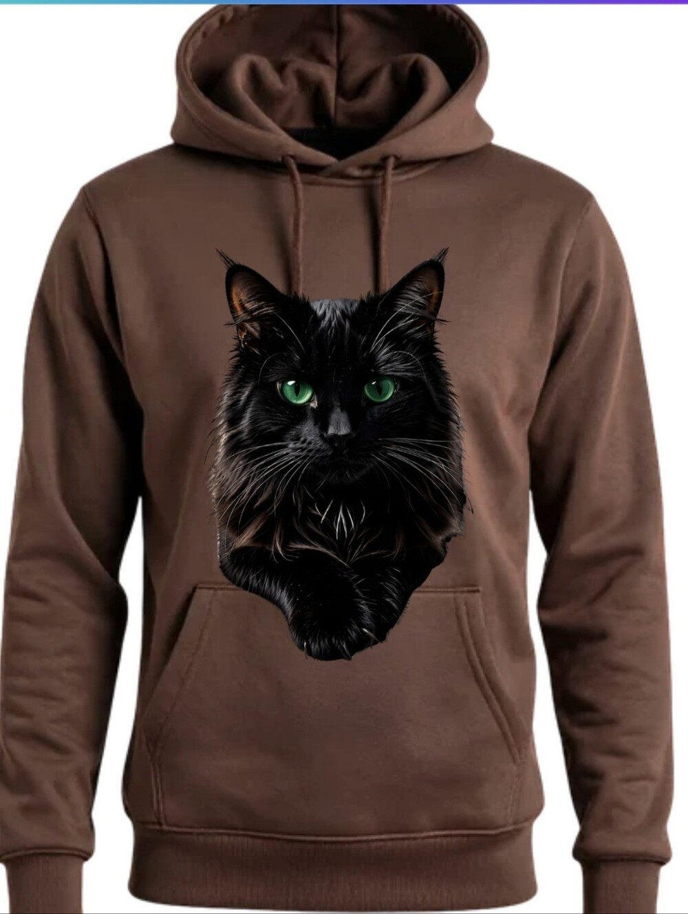 Brown Graphic Black Cat Green Eyes Hoodie Sweatshirt